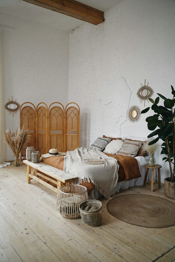 Bedroom suite with natural linen bedding and warm wood